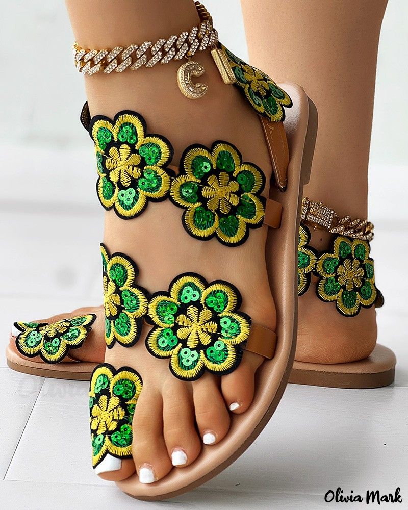 Floral Pattern Toe-Ring Flat Sandals