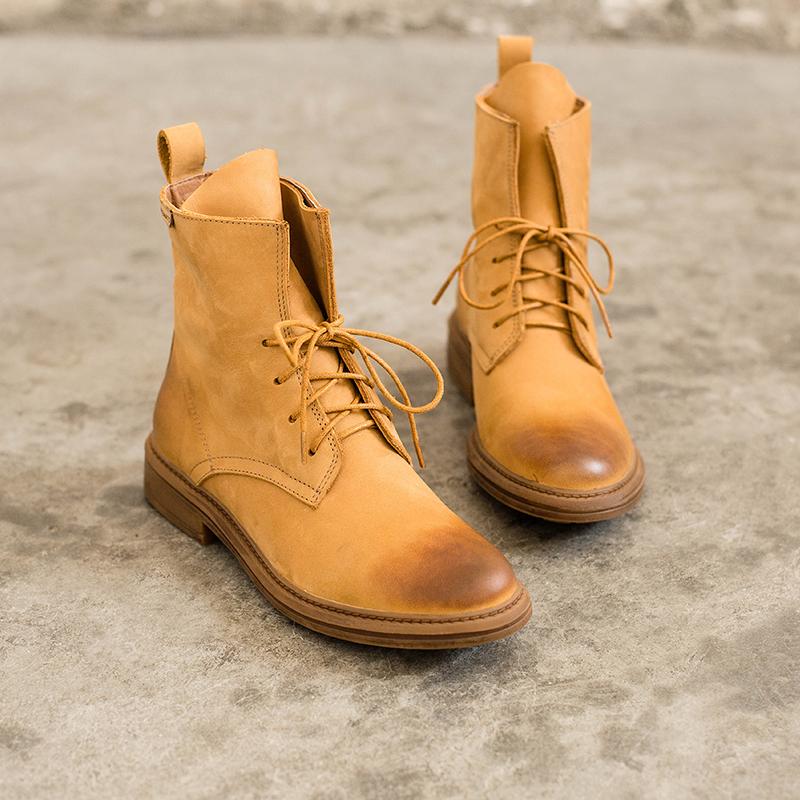 Handmade Women Matte leather Biker Boots Classic Combat Boots Black/Yellow