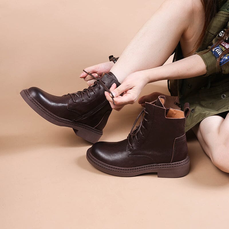 Leather Boots Brush-Off Combat Boots Lace Up Ankle Boots in Black/Coffee/Brown