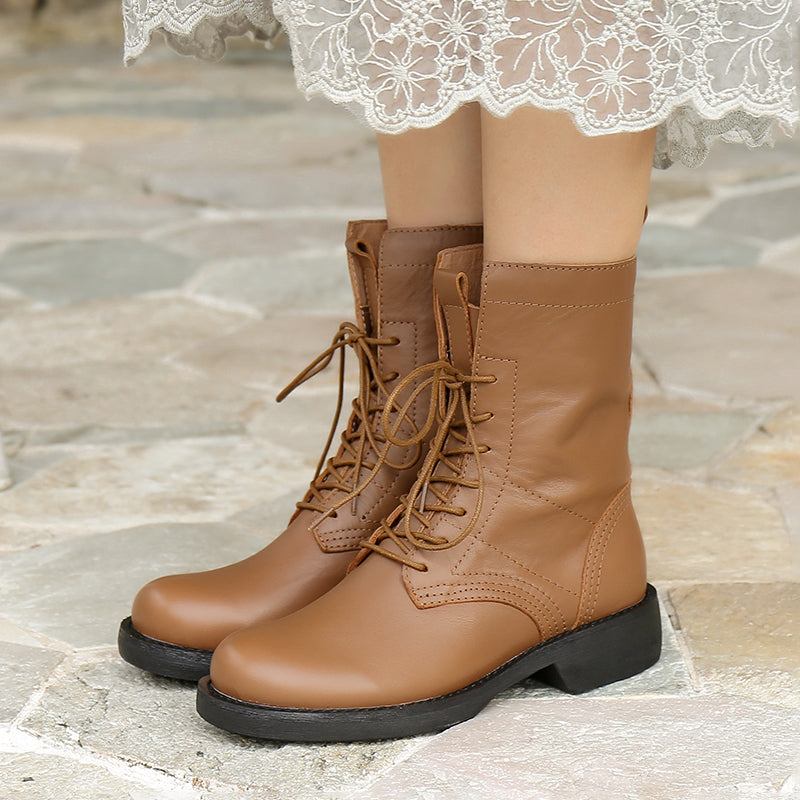 Retro Short Boots Women Handmade Genuine Leather Boots Biker Boots Coffee/Black