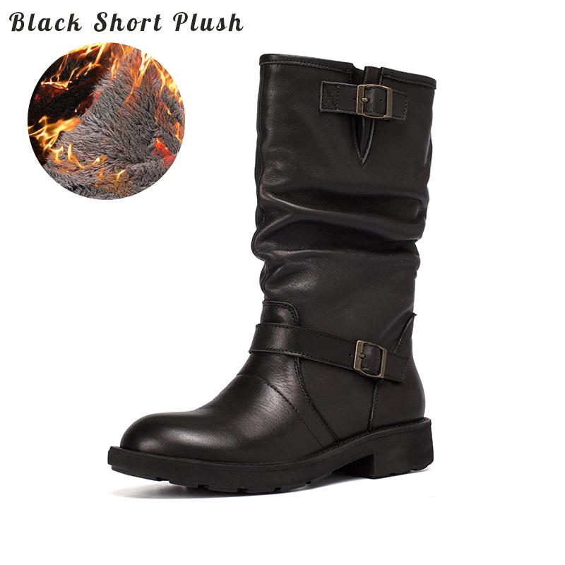 Waxing Leather Mid Calf Boots Fold Design Riding Boots Short Plush Lined Or Leather For Choice Apricot/Brown/Black