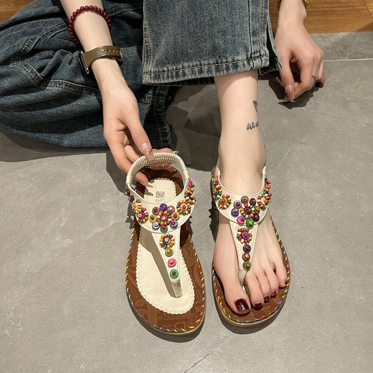 Women's Bohemian Flat Flip-flops Beaded Beach Korean Sandals