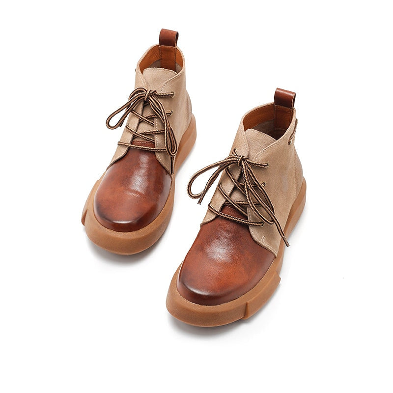 Womens Boots Lace Up Vegetable Tanned Leather Ankle Boots in Coffee/Coffee Short Plush