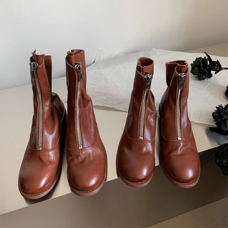 Handmade Leather Ankle Boots Comfortable Walking Round Boots Brown/Black/Red/Beige/Grey
