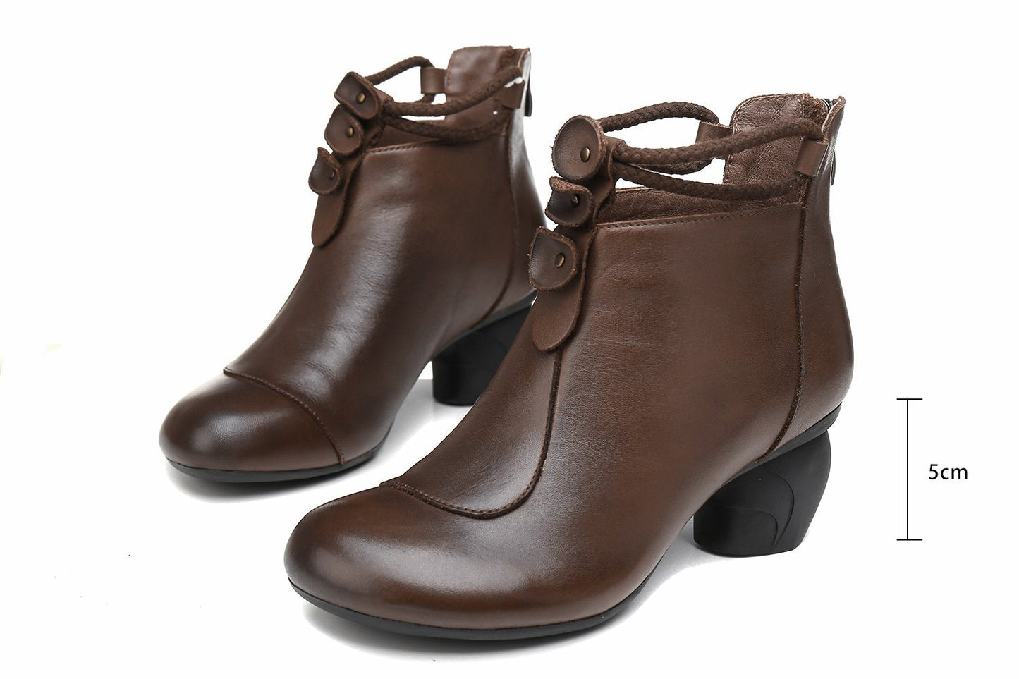 Retro Round Toe Women Ankle Boots Block Heels Back Zipper Coffee/Black