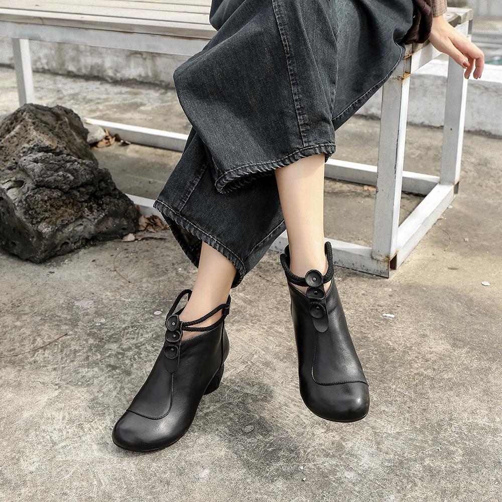 Retro Round Toe Women Ankle Boots Block Heels Back Zipper Coffee/Black