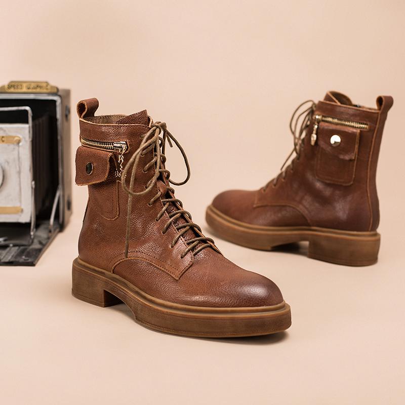 Fashion Full Grain Leather Combat Boots Designer Retro Chunky Riding Boots Side Zip Pocket Decoration Brown/Black