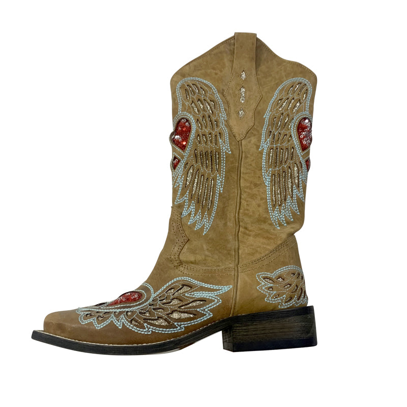 Womens Western Contrast-stitching Cowboy Boots Rivet Decorate- Khaki Cowgirl Boots All Genuine Leather