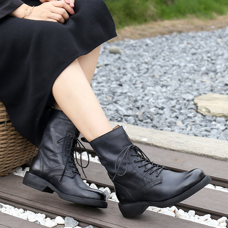 Retro Short Boots Women Handmade Genuine Leather Boots Biker Boots Coffee/Black