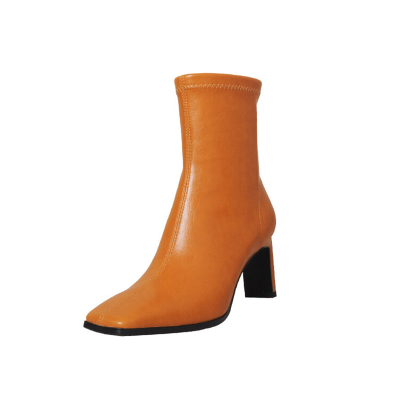 Classic Square Toe Sock Boots High Heel Stretch Boots Elastic Leather Handmade Black/Brown/Green