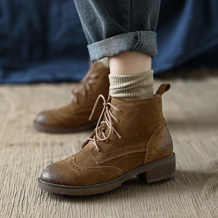 Handmade Brogue Leather Boots Women Midheel Ankle Boots With Lace Brown/Khaki