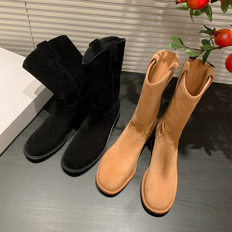 Womens Suede Leather Mid Calf Boots In Black/Brown