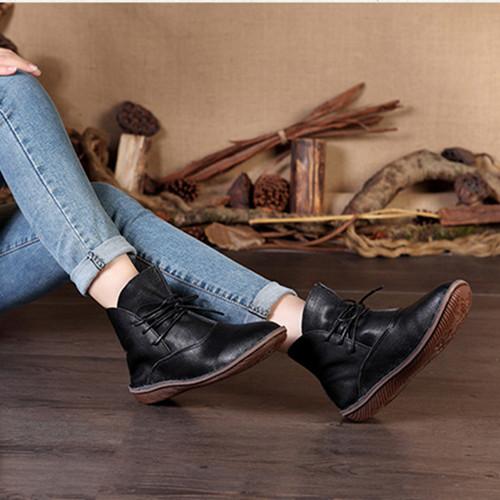 Handmade Retro Leather Lace Up Ankle Boots For Women With Plush Inside Black