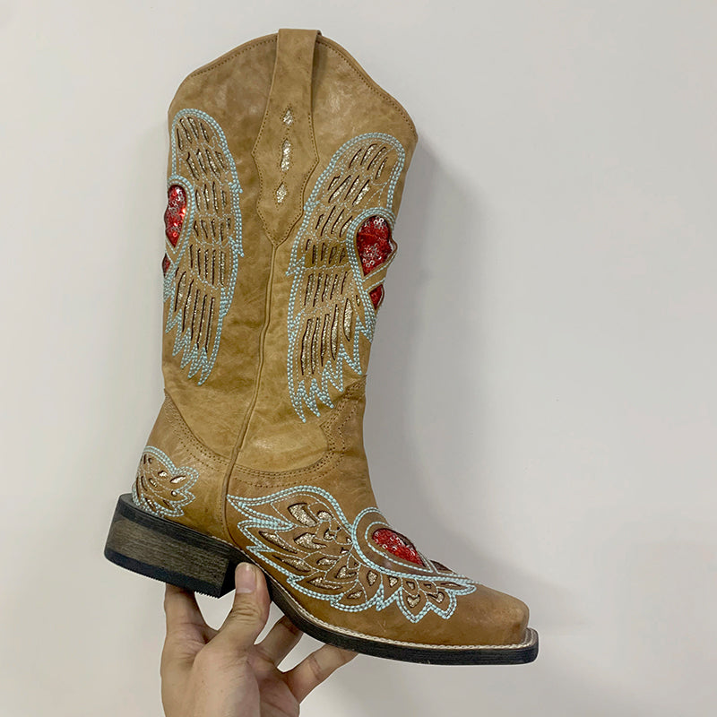 Womens Western Contrast-stitching Cowboy Boots Rivet Decorate- Khaki Cowgirl Boots All Genuine Leather