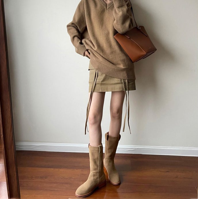 Womens Suede Leather Mid Calf Boots In Black/Khaki