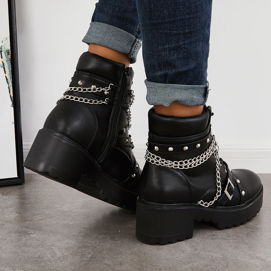 Platform Chunky Sole Combat Booties Side Zip Ankle Boots