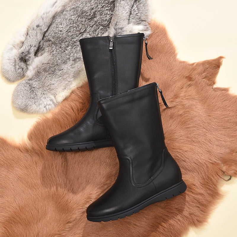 Retro Leather Mid Calf Boots for Cold Winter Classic Boots Black Handmade Short Plush Lining