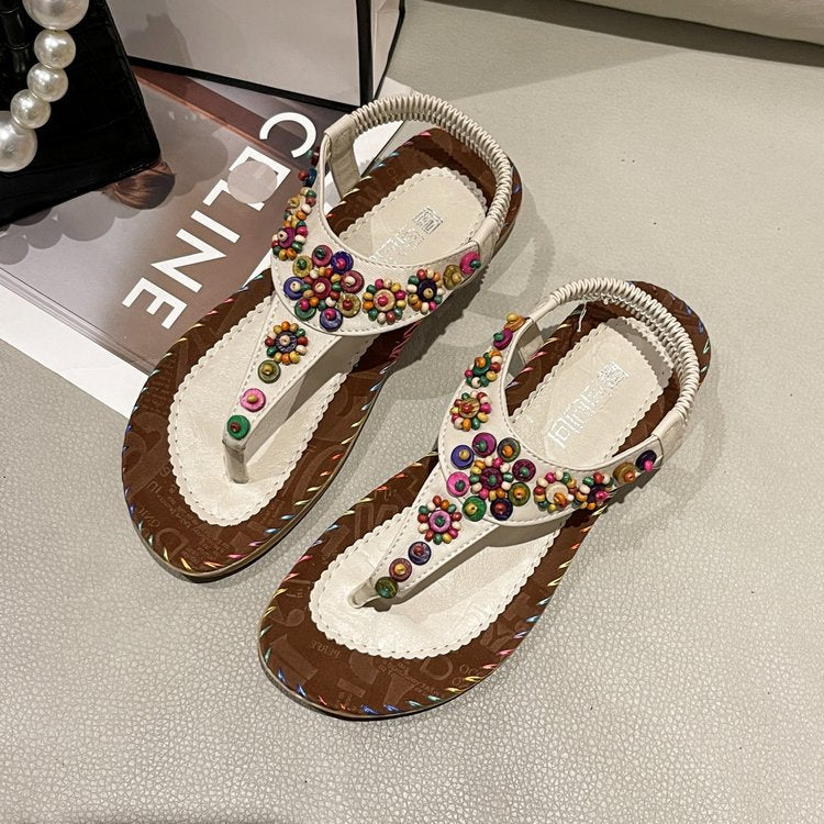 Women's Bohemian Flat Flip-flops Beaded Beach Korean Sandals