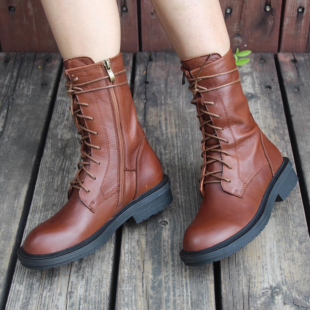 Retro Short Boots Women Handmade Genuine Leather Boots Biker Boots Brown
