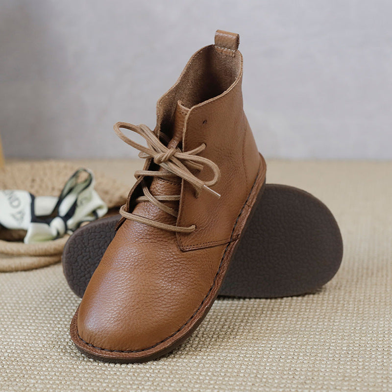 Women's Leather Booties Round Toe Lace-Up Flat Ankle Boots Handmade in Brown/Coffee