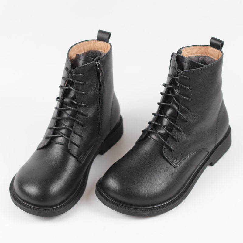 Women Leather Ankle Boots Soft Bottom Flat Round Toe Big-Head Retro Boots Coffee/Black