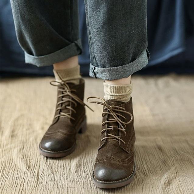 Handmade Brogue Leather Boots Women Midheel Ankle Boots With Lace Brown/Khaki