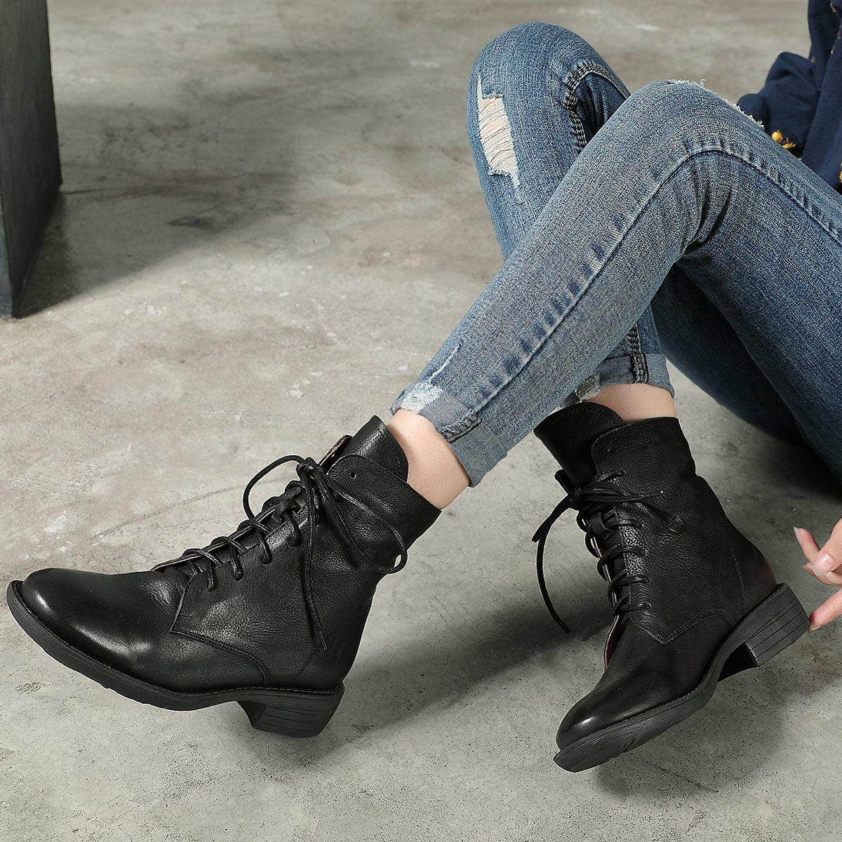 Winter Boots Handmade Genuine Leather Lace-Up Combat Boots Retro Boots Chunky Ankle Boots Black/Coffee