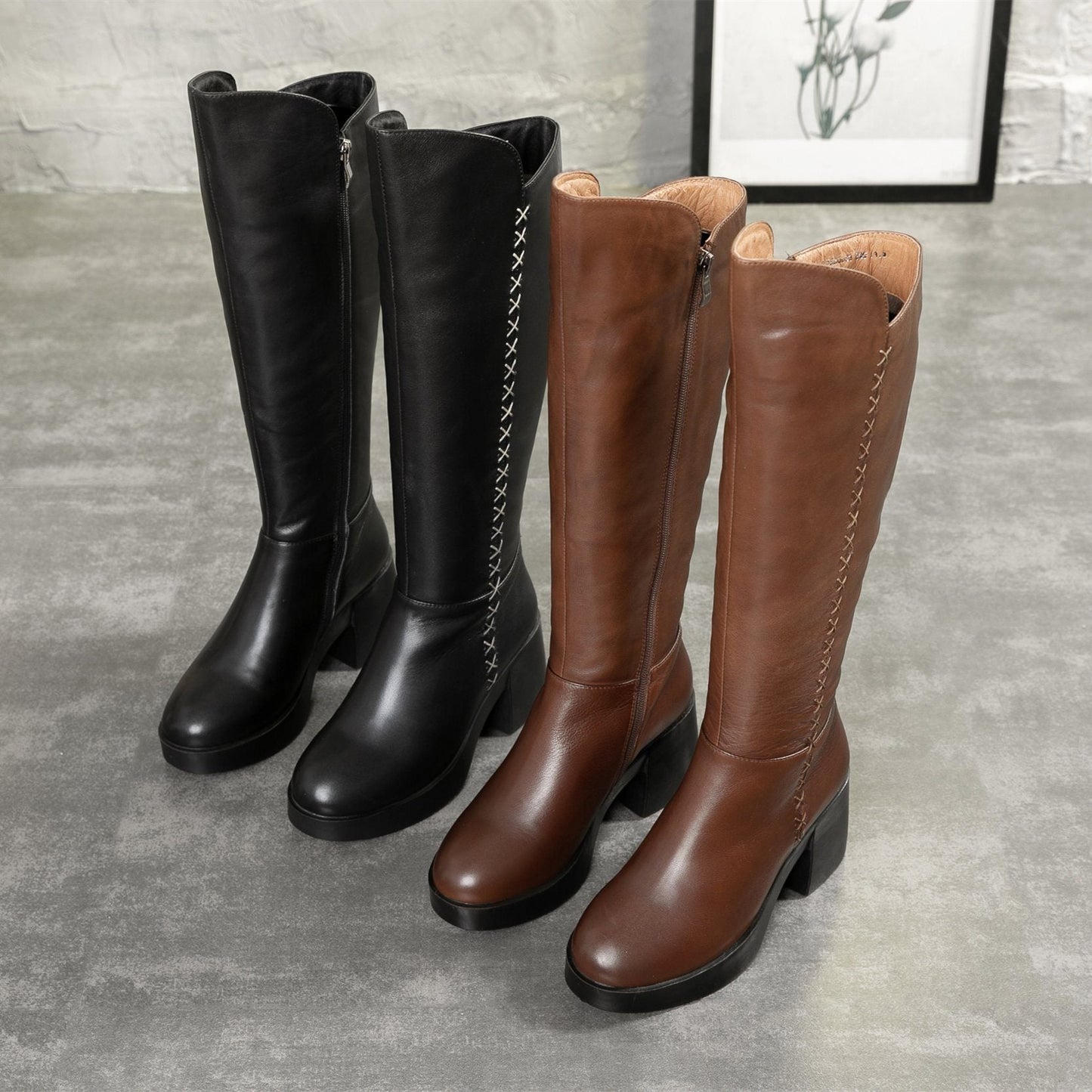 Women Leather Handmade Knee-Length Boots With Chunky Heel Short Plush Lining