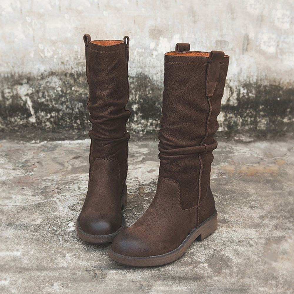 Nubuck Leather Mid Calf Boots Fold Design Riding Boots Short Plush Lined Or Leather For Choice Coffee/Black