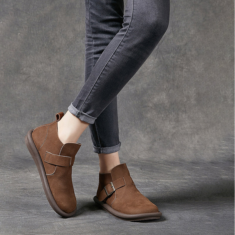 Women's Ankle Boots Leather Round Toe Retro Flat Shoes Casual Buckle Boots Khaki/Coffee