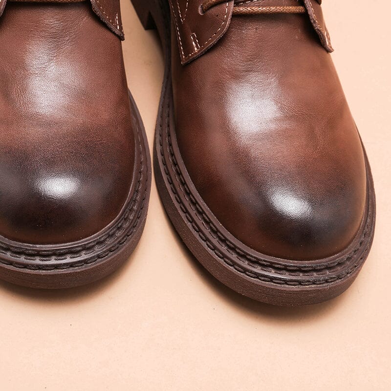Handmade Boots Women Leather Lace-Up Oxfords Round Toe Chunky Ankle Booties