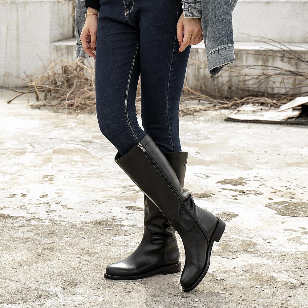 Handmade Soft Leather Knee High Boots Side Zip Riding Boots Black Short Plush