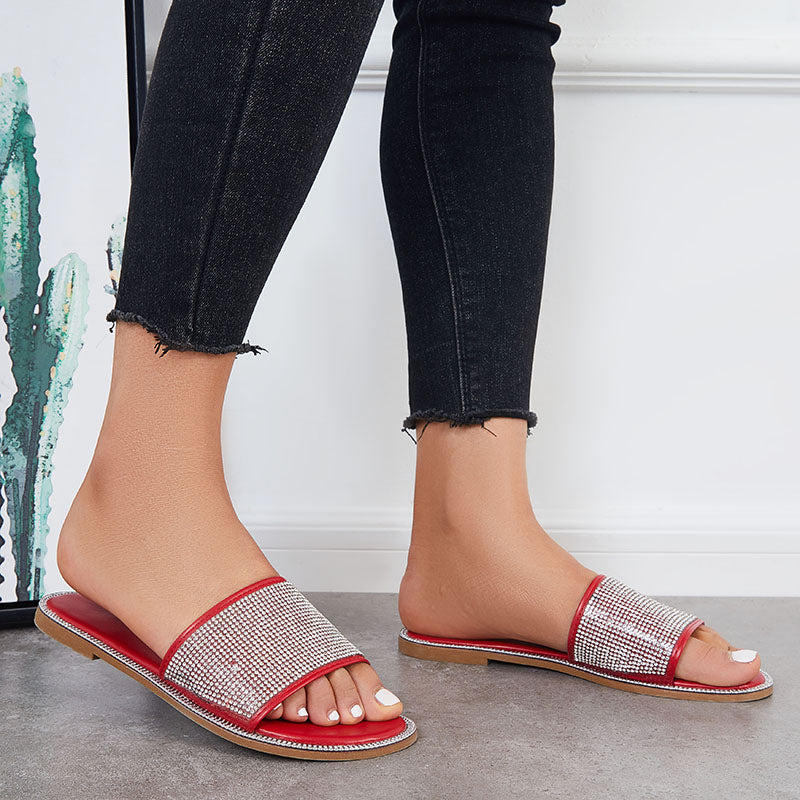 Rhinestone Slip on Flat Slide Sandals Glitter Open Toe Casual Slippers