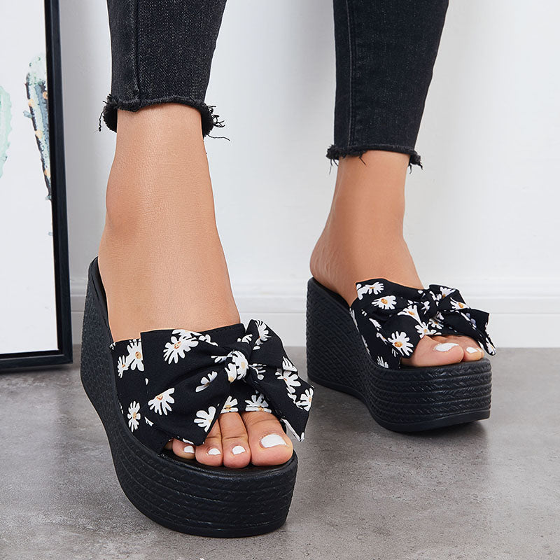 Platform Wedge Sandals Bowknot Slides Casual Open Toe Slip on Dress Slippers