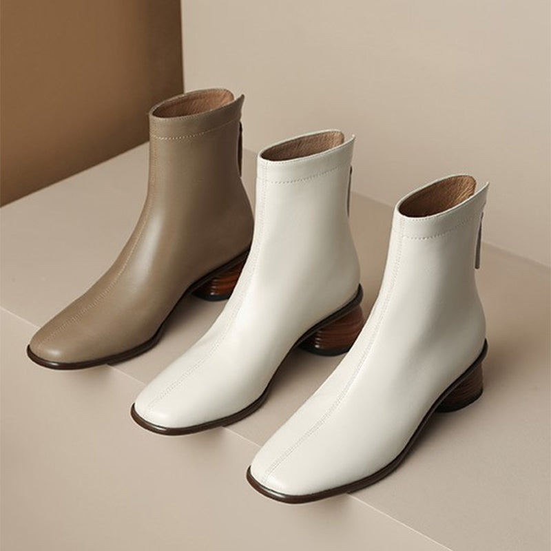 Classic Elegant Chelsea Boots Mid Heel Back Zipper Stretch Boots Square Toe Sock Boots White/Khaki