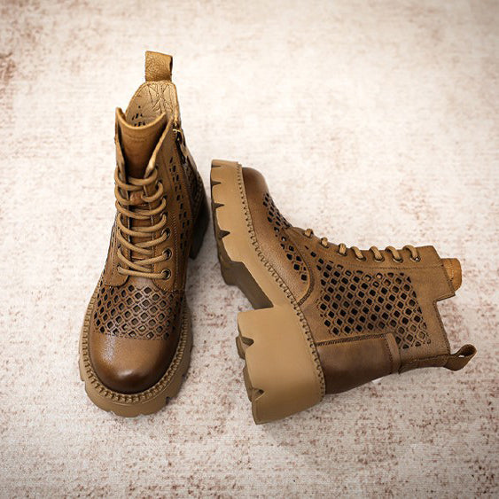 Women's Ankle Booties Round Toe Design Cut Out Boots Brown/Khaki