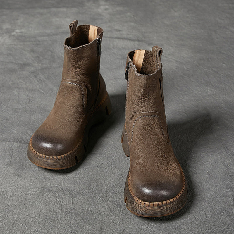Women's Handmade Chunky Ankle Booties Side Zip in Coffee/Grey