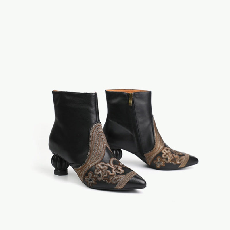 Women's Leather Embroidery Retro Short Boots Side Zipper In Black/Grey