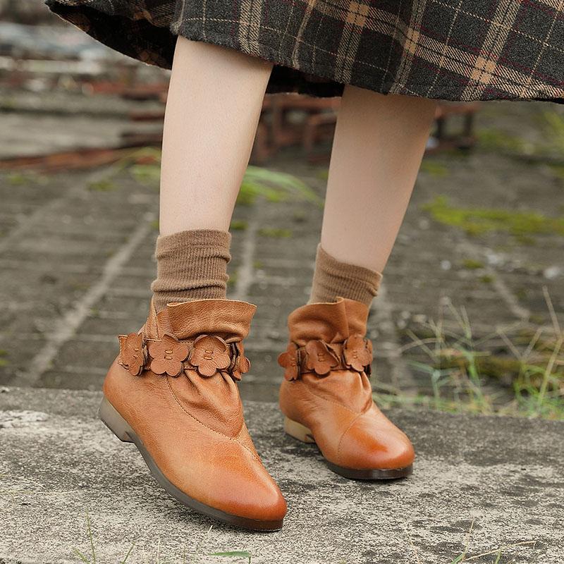 Leather Work Combat Boots Handmade Women Boots With Flowers Chelsea Boots Oil-Wax