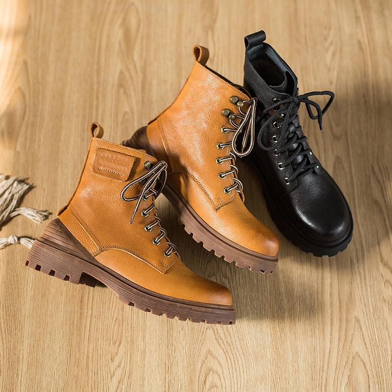 Retro Leather Boots Designer Retro Chunky Riding Boots Short Plush Handmade Yellow/Black
