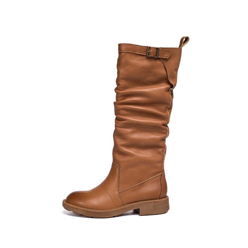 Waxing Leather Knee High Boots Fold Design Riding Boots Buckle Boots in Black/Brown