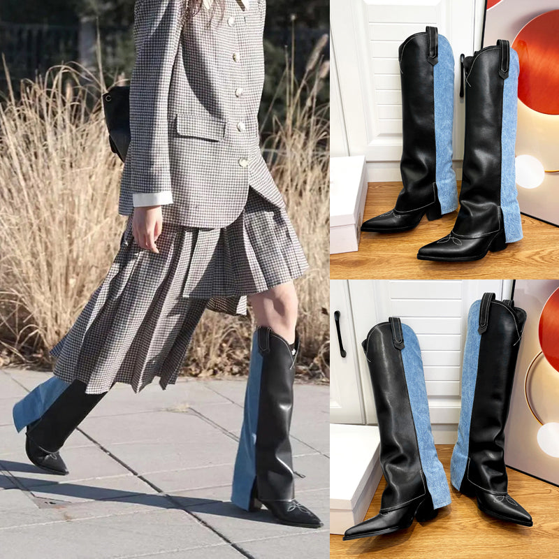 Wide-Shaft Wedge Leather Boots Riding Boots for Women In Black/Blue - Foldover Leather Tall Boots