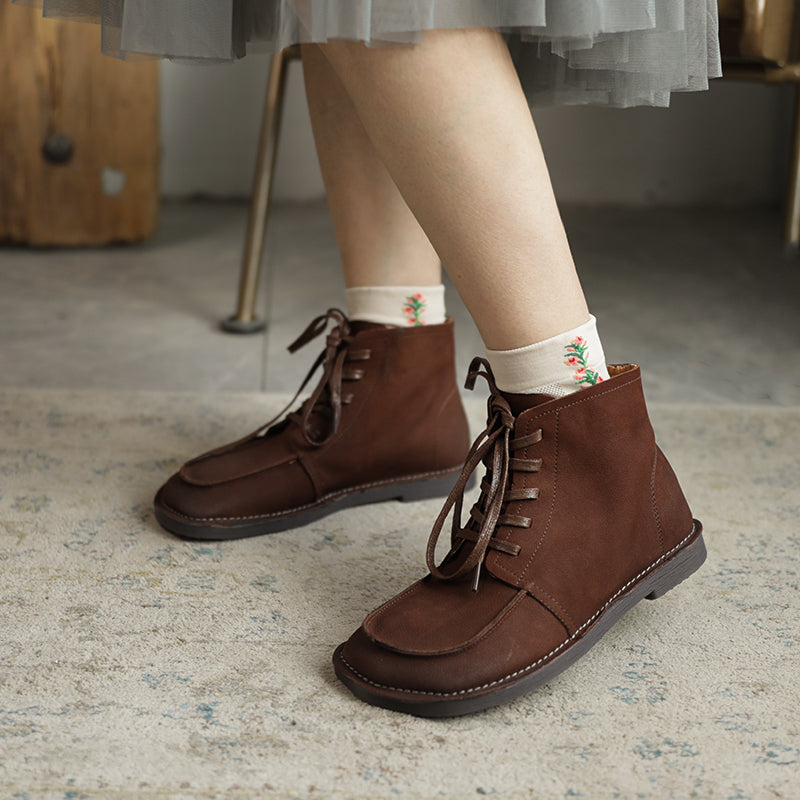 Women Handmade Genuine Leather Flat Ankle Boots Soft Designer Shoes