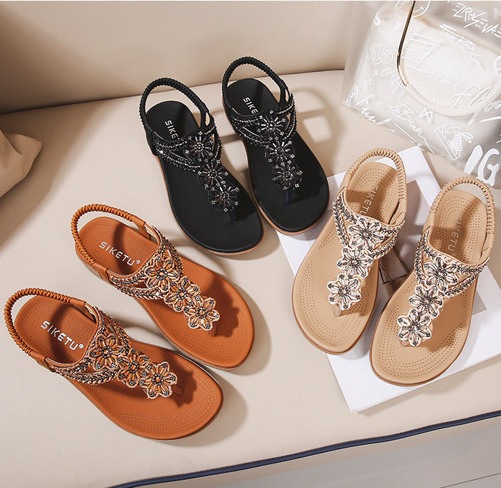 Vintage Rhinestone Beaded Soft Comfortable Beach Sandals