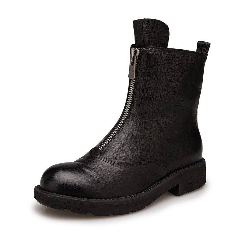 Leather Ankle Boots Comfortable Walking Round Boots Up Zip in Brown/Black