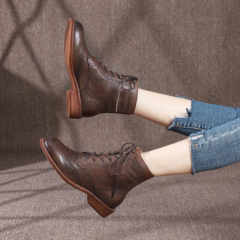 Handmade Wingtip Shoes Leather Boots Block Carving Brogue Ankle Boot For Women Black/Coffee