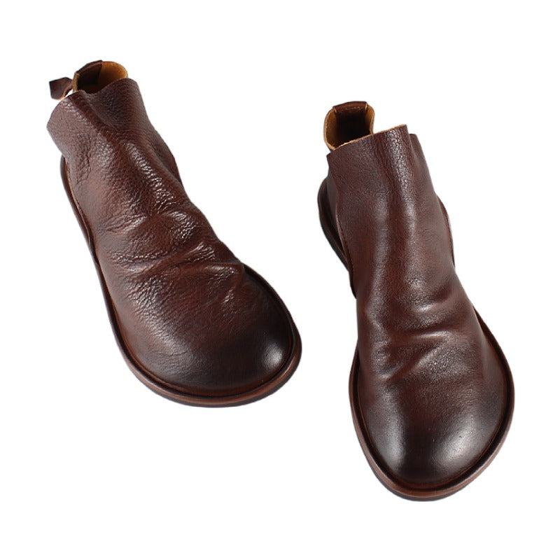 Handmade Leather Chelsea Boots For Women Soft Ankle Boots Retro Round Toe Short Boots For Fall And Winter Coffee/Black