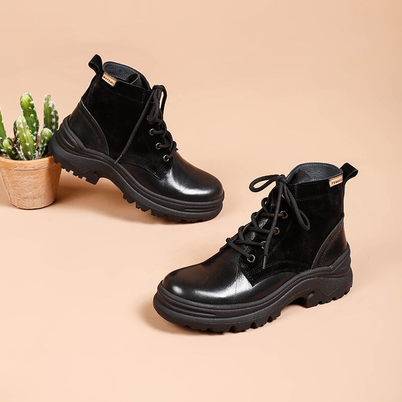 Leather Boots Designer Retro Chunky Riding Boots Handmade in Black/Black Short Plush
