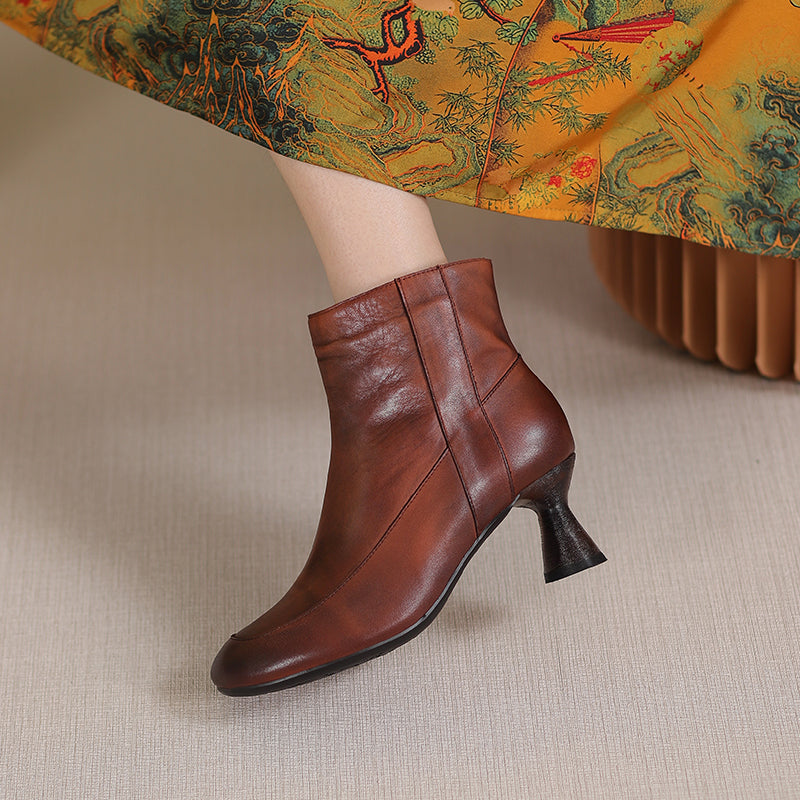 Handmade Soft Leather Kitty Heel Ankle Boots For Women Retro Round Toe Side Zipper in Coffee/Grey