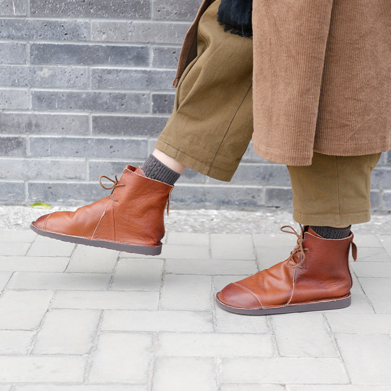 Handmade Women Calf Leather Booties Round Toe Lace-Up Flat Shoes Ankle Boots Brown/Coffee